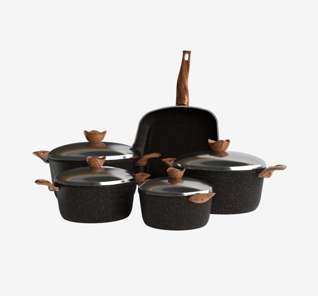 طقم حلل جرانيت اسود 9 قطع بجريل بمقبض باكليت خشبي -بريميوم سٌمك 5 مم