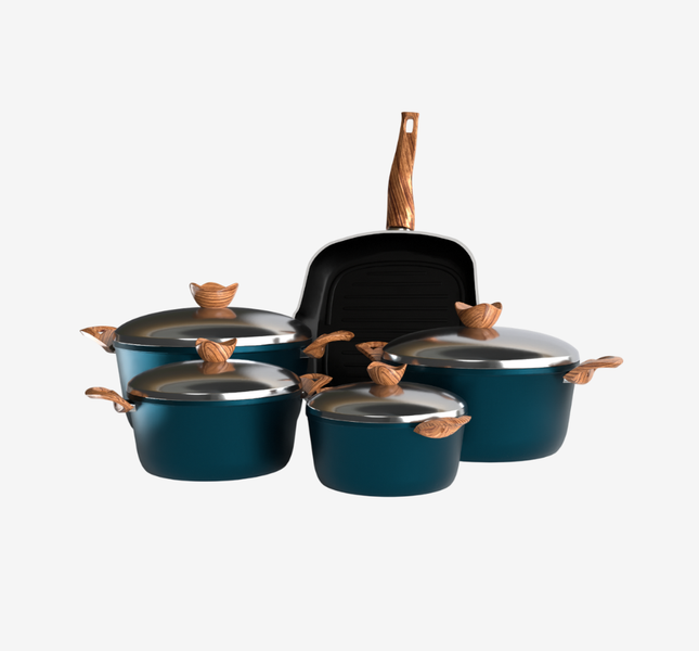 طقم حلل تيفال تركواز 9 قطع بجريل بمقبض باكليت خشبي -بريميوم سٌمك 5 مم