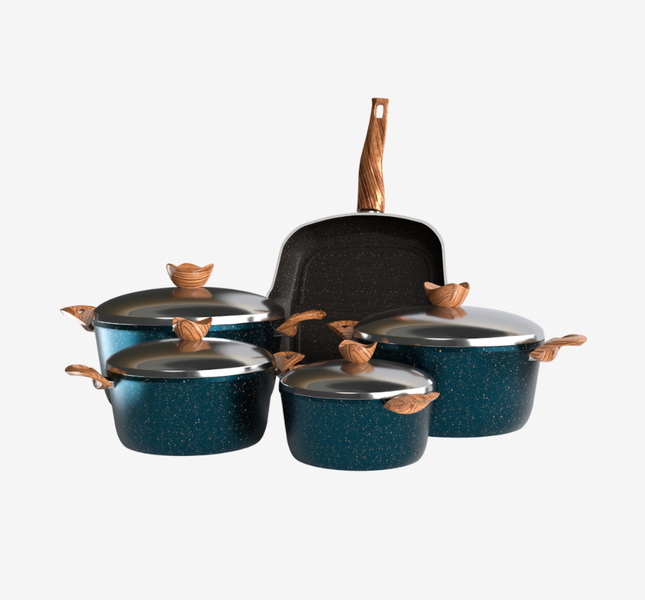 طقم حلل جرانيت بريميوم 9 قطع من تيرينوفا – طلاء إيطالي غير لاصق – توزيع حرارة مثالي – طبخ صحي آمن تركواز