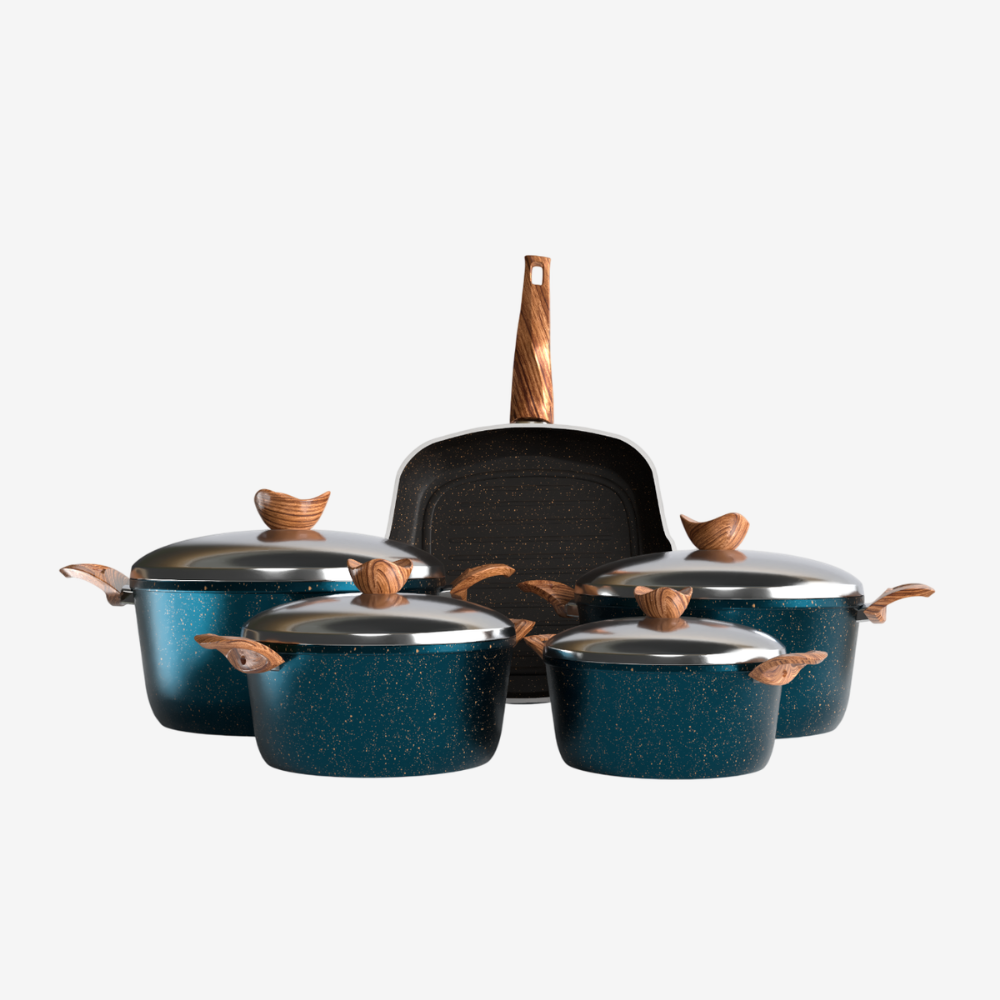 طقم حلل جرانيت بريميوم 9 قطع من تيرينوفا – طلاء إيطالي غير لاصق – توزيع حرارة مثالي – طبخ صحي آمن تركواز