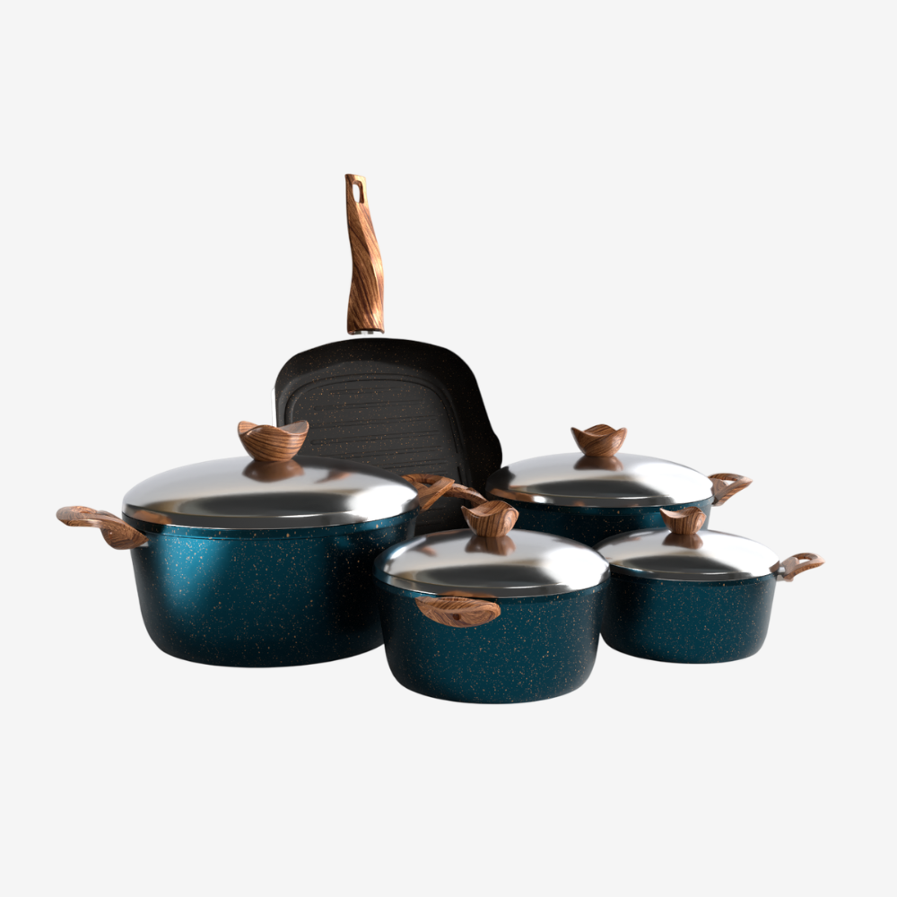 طقم حلل جرانيت بريميوم 9 قطع من تيرينوفا – طلاء إيطالي غير لاصق – توزيع حرارة مثالي – طبخ صحي آمن تركواز