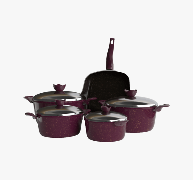 طقم حلل جرانيت تيرينوفا 9 قطع بوردو – طقم طبخ كامل غير لاصق سمك 5 مم طهي صحي بجودة إيطالية