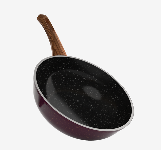 مقلاية ووك جرانيت لون بوردو مقاس 28 بمقبض باكليت خشبي - بريميوم سٌمك  4 مم