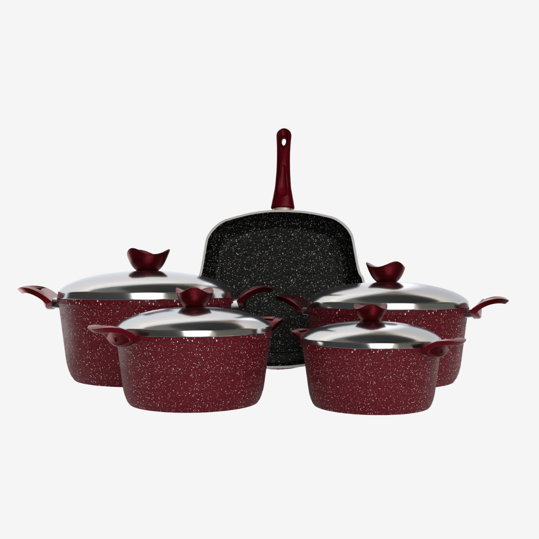 طقم حلل جرانيت احمر 9 قطع بجريل  - بريميوم سٌمك 5 مم