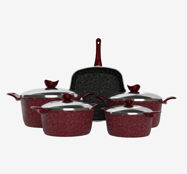 طقم حلل جرانيت احمر 9 قطع بجريل  - بريميوم سٌمك 5 مم