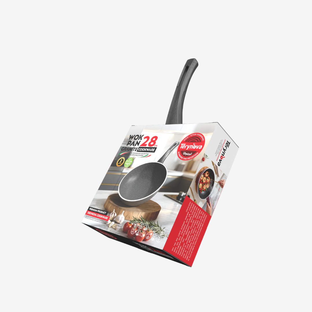 مقلاية ووك جرانيت لون اسود مقاس 28 بمقبض باكليت خشبي - بريميوم سٌمك  4 مم