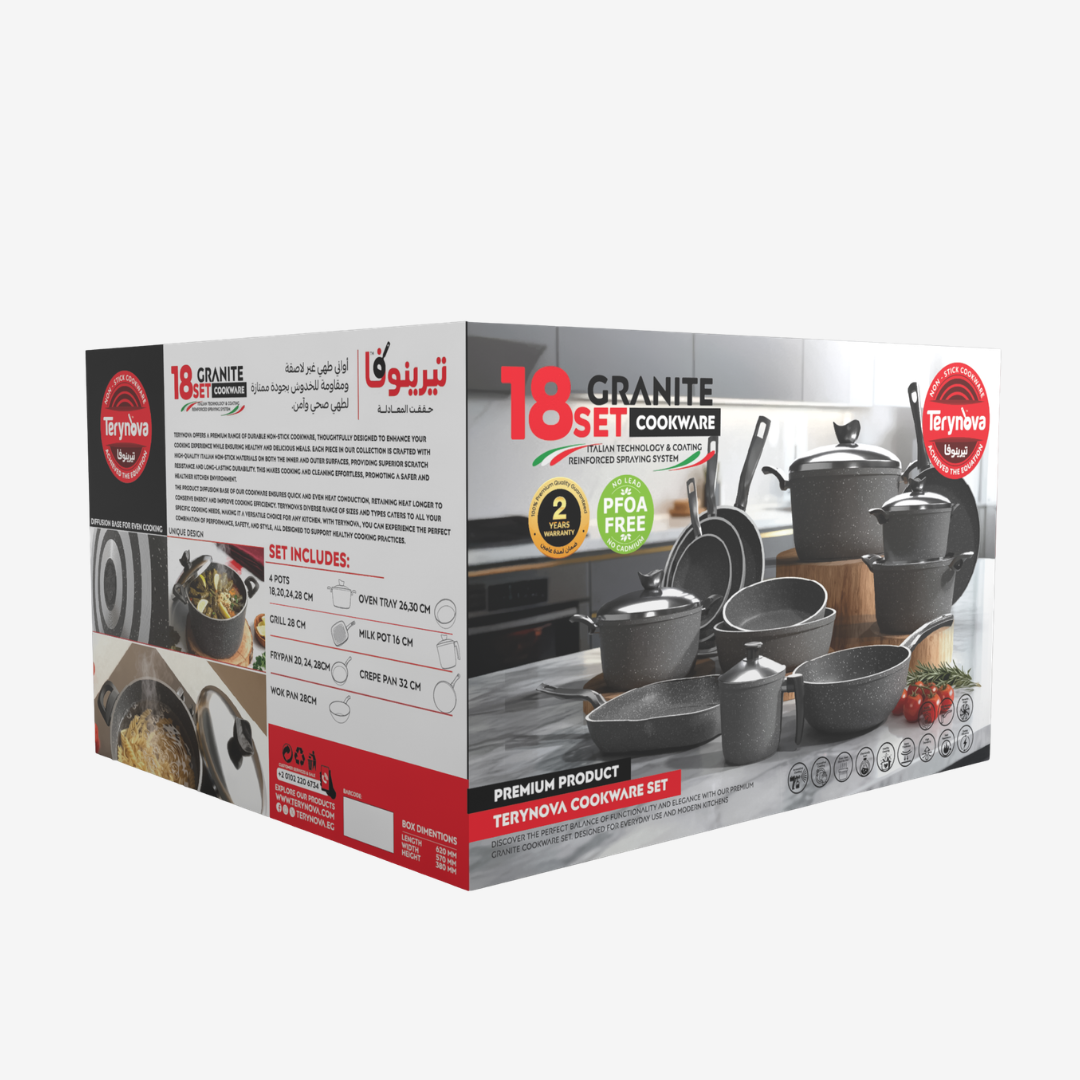 طقم حلل جرانيت تيرينوفا 18 قطعة لون تركواز – طقم طبخ متكامل بأحجام متعددة للمطبخ العصري