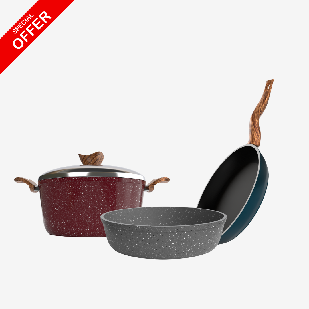 حلة جرانيت 24 سم + مقلاية جرانيت 24 سم + صينية جرانيت 28 سم – بريميوم 5 مم | اللون حسب المتوفر