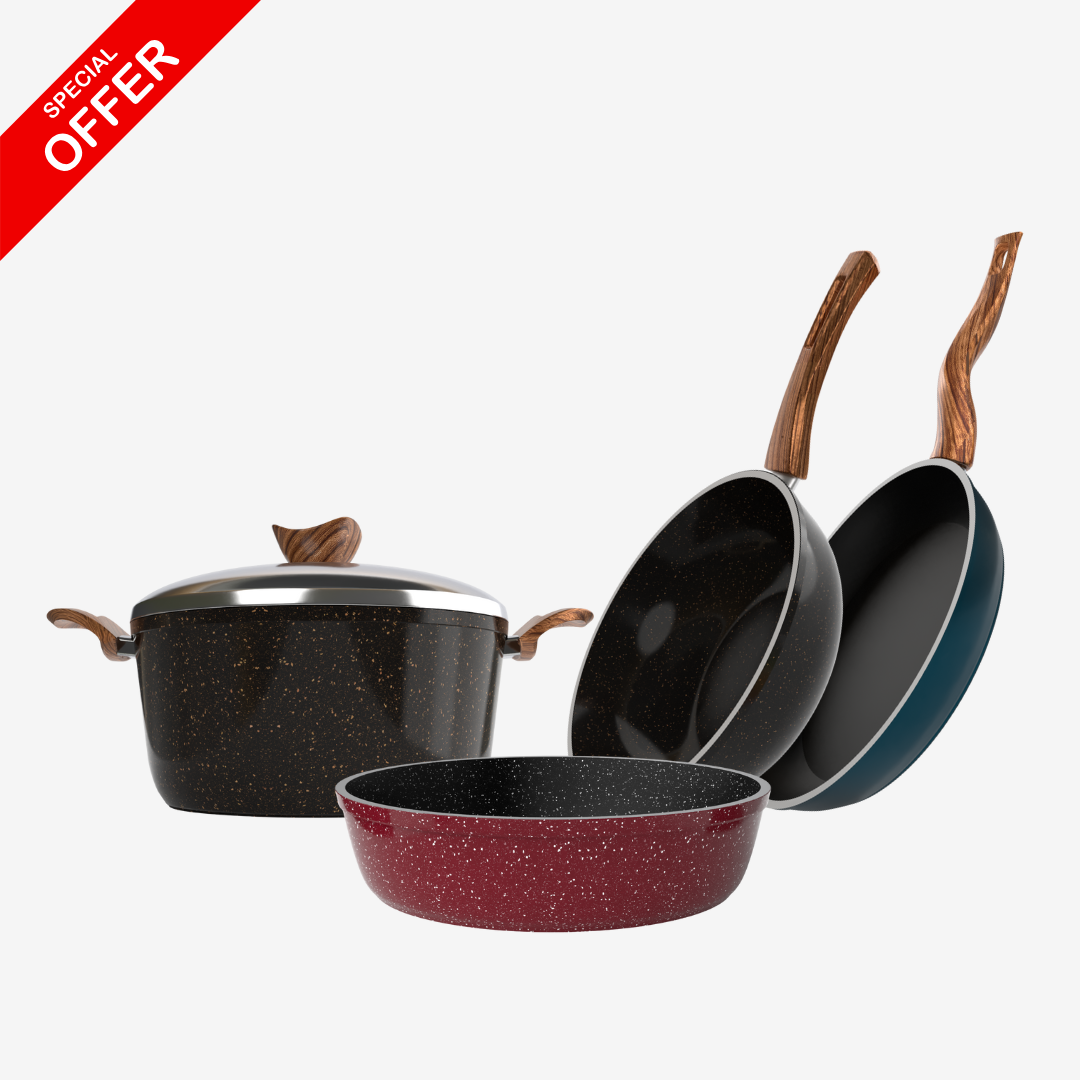 حلة جرانيت 24 سم + صينية جرانيت 28 سم + ووك جرانيت 28 سم + مقلاية جرانيت 24 سم – بريميوم 5 مم | اللون حسب المتوفر