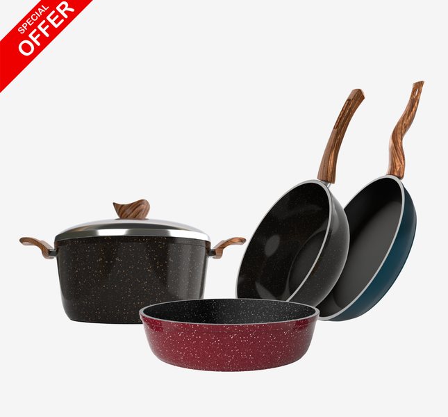 حلة جرانيت 24 سم + صينية جرانيت 28 سم + ووك جرانيت 28 سم + مقلاية جرانيت 24 سم – بريميوم 5 مم | اللون حسب المتوفر