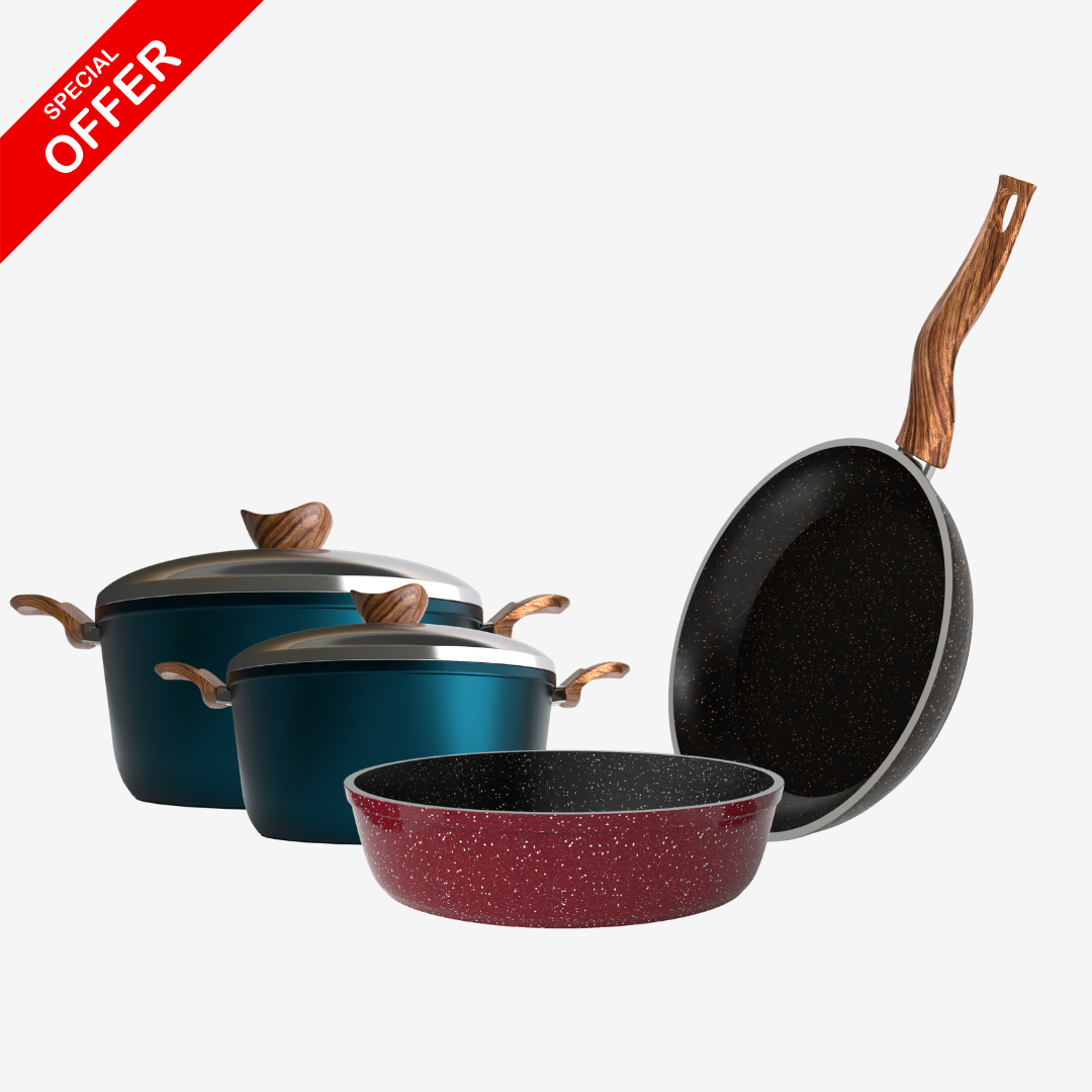 حلة جرانيت 20 سم + حلة جرانيت 28 سم + مقلاية جرانيت 24 سم + صينية جرانيت 28 سم – بريميوم 5 مم | اللون حسب المتوفر