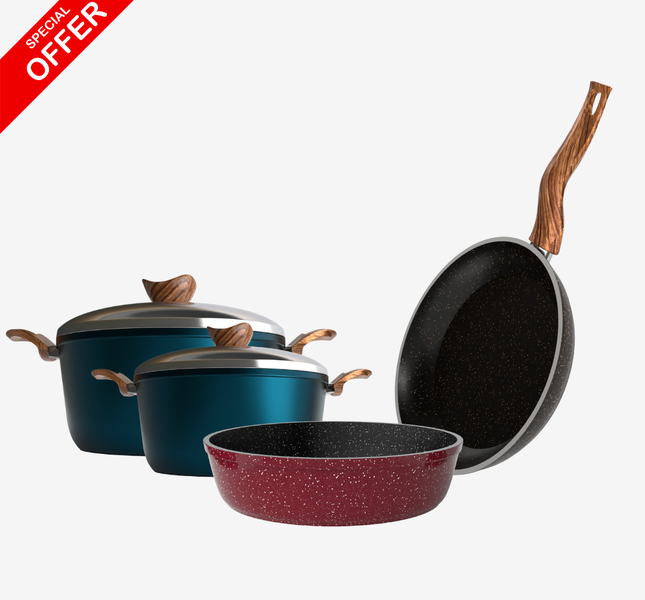 حلة جرانيت 20 سم + حلة جرانيت 28 سم + مقلاية جرانيت 24 سم + صينية جرانيت 28 سم – بريميوم 5 مم | اللون حسب المتوفر